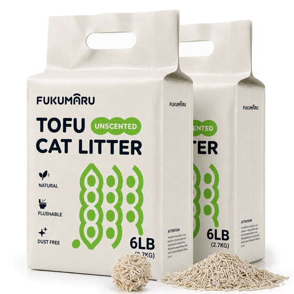 FUKUMARU Tofu Cat Litter, 18lb - Unscented & Fragrance Free, Ultra Fast Clumping, Superior Odor Control, Low Dust, Natural Flushable Plant-Based Pellets, 6lb x 3 Bags
