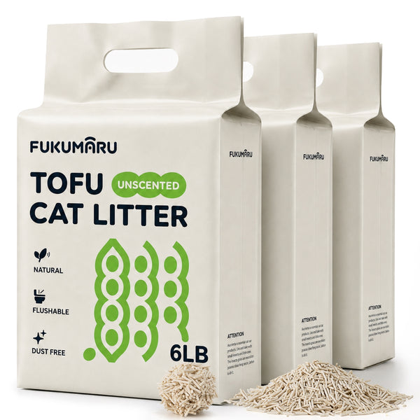 FUKUMARU Tofu Cat Litter, 18lb - Unscented & Fragrance Free, Ultra Fast Clumping, Superior Odor Control, Low Dust, Natural Flushable Plant-Based Pellets, 6lb x 3 Bags