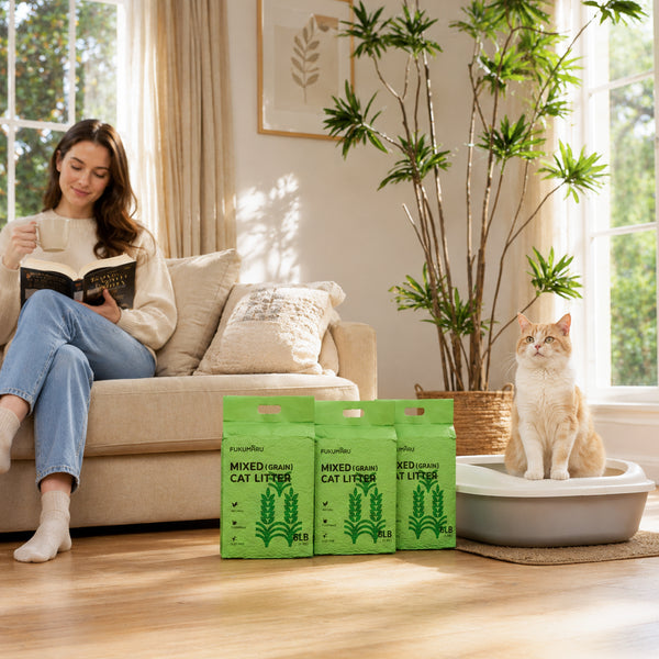 FUKUMARU Tofu Cat Litter with Millet, 18lb Plant-Based Corn & Starch Cat Litter, Superior Solid Clumping, High Absorbency, Low Dust Flushable Pellets, 6lb x 3 Bags