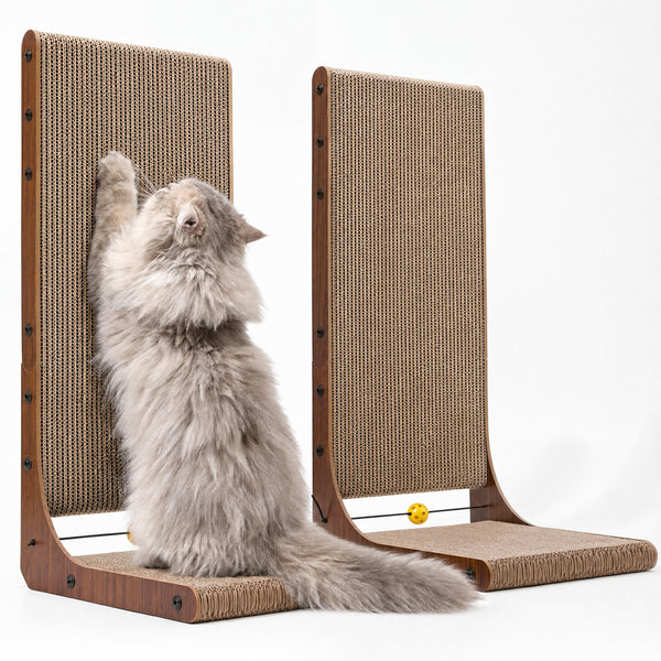 FUKUMARU Cat Scratcher 2 Packs, Cat Scratching Boards for Indoor Cats, L Shaped Cardboard Cats Scratcher Vertical Scartch Pads with Ball Toy, Wood Color, 25 Inch
