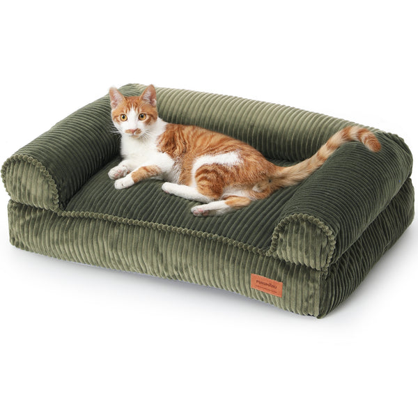 FUKUMARU Dog Couch Bed, Corduroy Cozy Cat Bed for Indoor Cats with Washable Cover, 28in Waterproof Orthopedic Dog Beds Sofa for Small Dogs and Large Cats, Cute Warm Cotton Pet Sofa, Grey