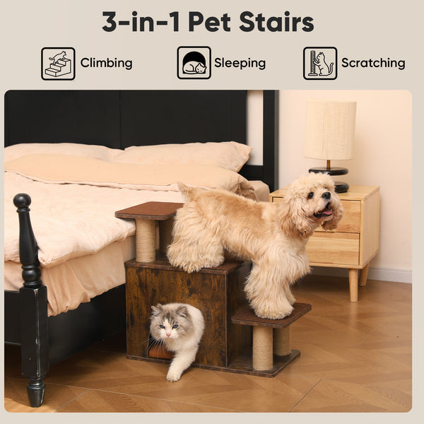 FUKUMARU 3-in-1 Pet Stairs, Retro-style Dog Steps for Cats and Small Dogs, Wooden Cat Stairs for High Bed with Scratching Post, Dog Ramp for Couch with Cat Condo Cave, Easy to Clean & Aesthetic Design