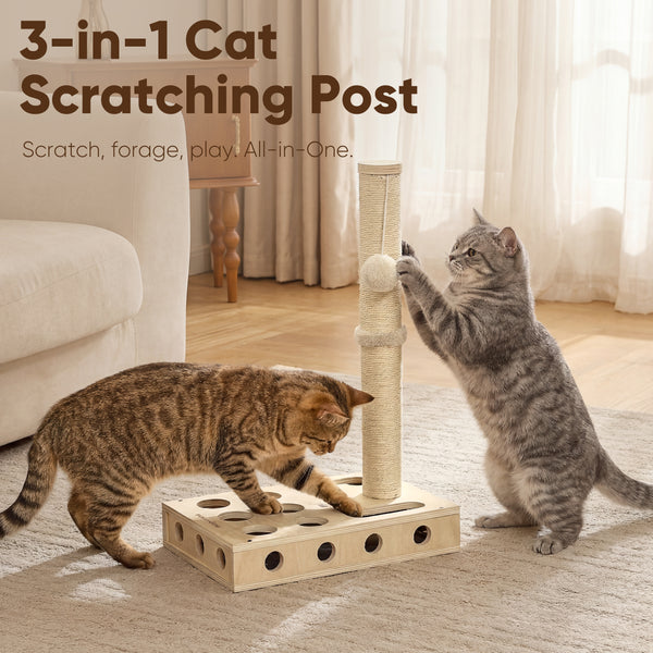 FUKUMARU Cat Scratching Post, Wood Cat Tree Tower with Interactive Box | 3 in 1 Cat Scratcher Toy with Enrichment Box, Natural Sisal Cat Scratching for Indoor Cats Nail File, Forage and Play