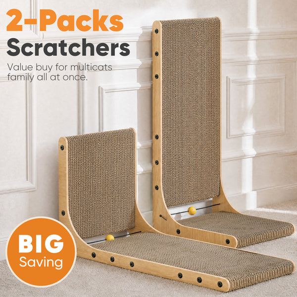 FUKUMARU Cat Scratcher 2 Packs, Cat Scratching Boards for Indoor Cats, L Shaped Cardboard Cats Scratcher Vertical Scartch Pads with Ball Toy, Wood Color, 25 Inch