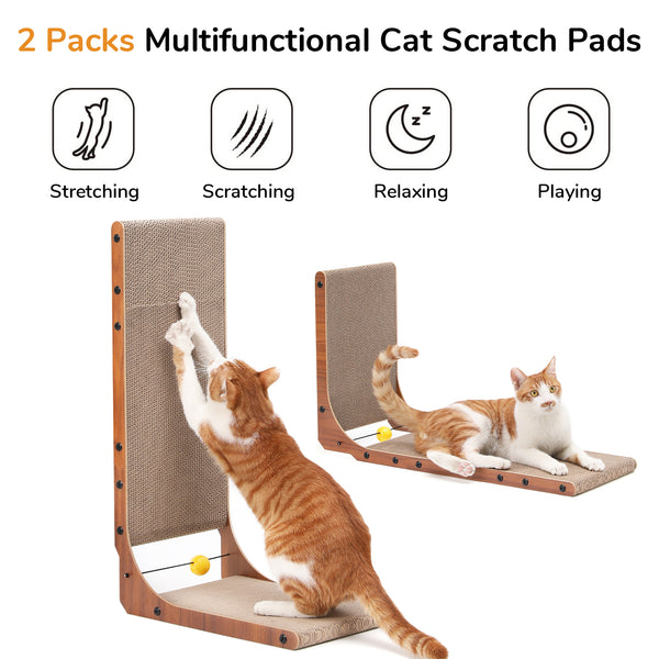 FUKUMARU Cat Scratcher, 26.8 Inch Cat Scratch Pad for Indoor Cats, L Shaped Cardboard Vertical Cats Scratching Board with Ball Toy, Walnut Color, 2 Packs