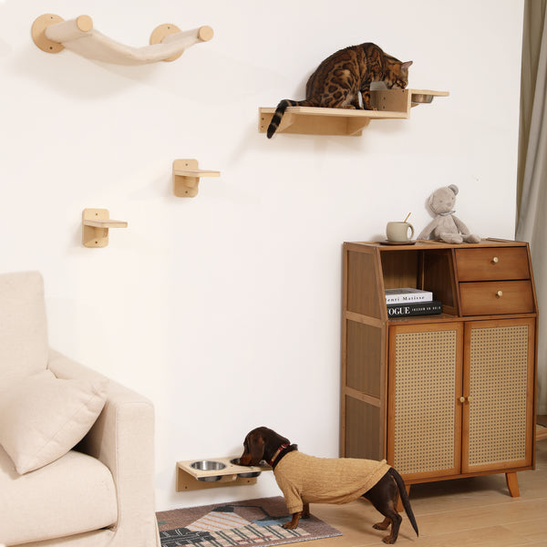 FUKUMARU Cat Wall Shelves, 3 in 1 Cats Walls Furniture Set, Food Station with 2 Steps, Birch Plywood Perch, Suitable for Kitten Play, Nap, Eat, DIY Wall Jungle Gym