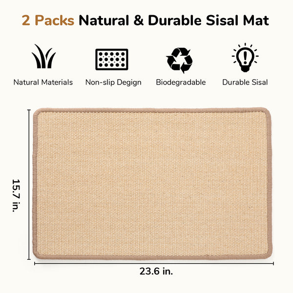 FUKUMARU 2 Packs Cat Scratching Mat, 23.6 x 15.7 Inch Natural Sisal Cat Scratch Pad Mats for Indoor Cats, Horizontal Cats Wall Scratcher Kitten Floor Rug with Sticky Tape, Furniture Protector