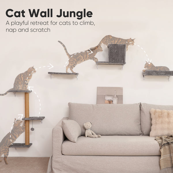 FUKUMARU Cat Wall Shelves, Stable & Safe 4 in 1 Cat Wall Mounted Furniture Set, Wooden Climbing Tree with Scratching Post for 16 Inch Drywall - Gray