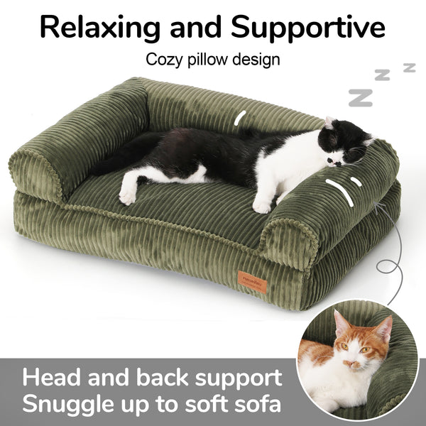 FUKUMARU Dog Couch Bed, Corduroy Cozy Cat Bed for Indoor Cats with Washable Cover, 28in Waterproof Orthopedic Dog Beds Sofa for Small Dogs and Large Cats, Cute Warm Cotton Pet Sofa, Grey