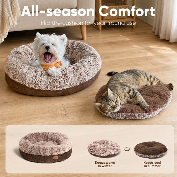 FUKUMARU Extra Thick Plush Dog Bed, Calming Donut, Anti-Anxiety & Washable | Heavy-Duty Super Soft Pet Bed for Cats and Dogs, Orthopedic Memory Foam & PP Cotton Fill