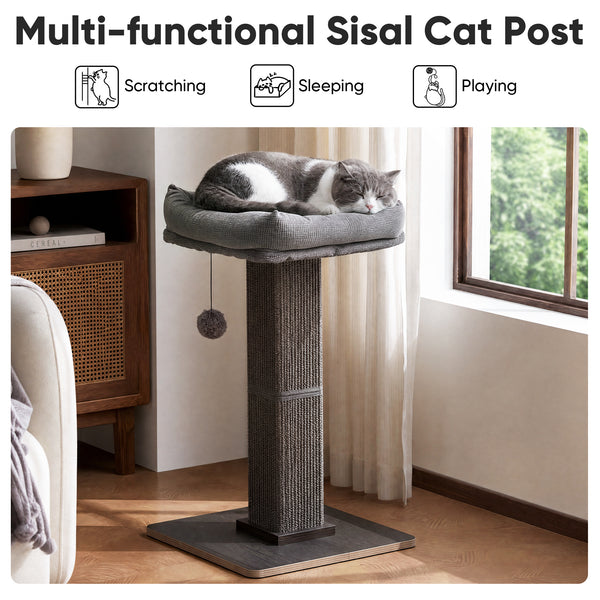 FUKUMARU Cat Scratching Post, Retro-Style Tall Scratch Posts with Perch for Infoor Cats Adults, Large Cat Scratcher Tower with Bed, Natural Sisal & Solid Wood