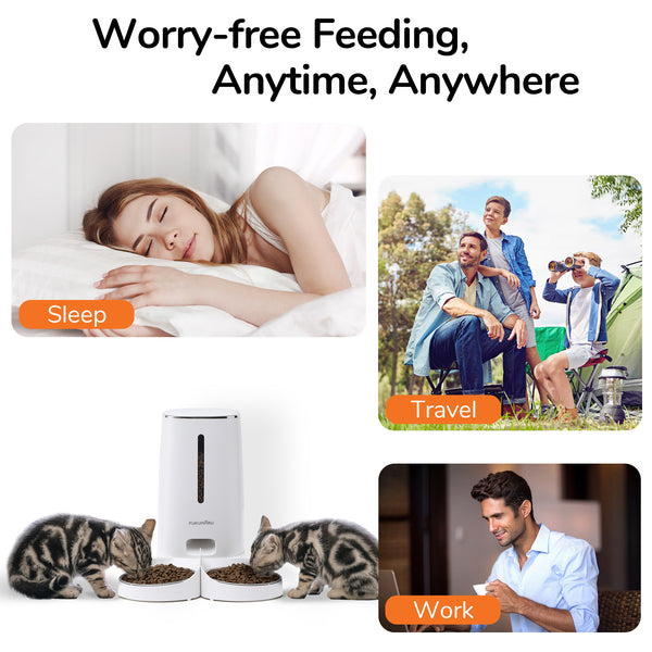 FUKUMARU Automatic Cat Feeder, 4L Dog Feeders with Double Bowls, Support DIY Meals and Timed Control WiFi Cat sFood Dispenser, Suit for Most Pet Food