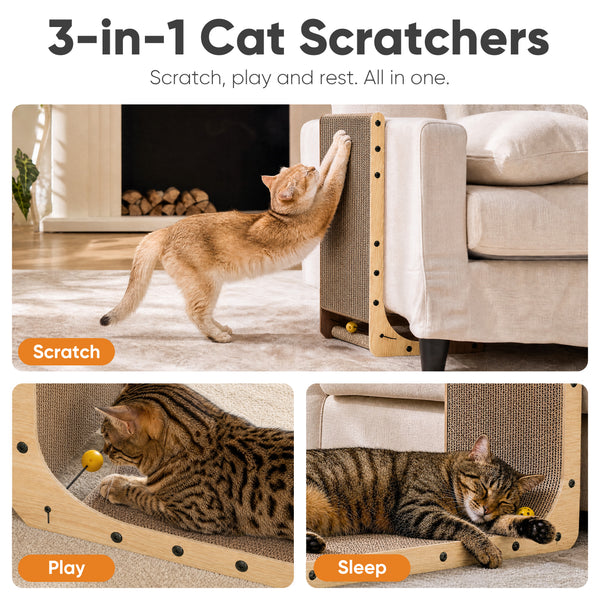 FUKUMARU Cat Scratcher 2 Packs, Cat Scratching Boards for Indoor Cats, L Shaped Cardboard Cats Scratcher Vertical Scartch Pads with Ball Toy, Wood Color, 25 Inch