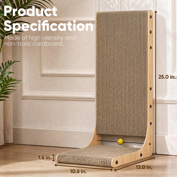 FUKUMARU Cat Scratcher 2 Packs, Cat Scratching Boards for Indoor Cats, L Shaped Cardboard Cats Scratcher Vertical Scartch Pads with Ball Toy, Wood Color, 25 Inch