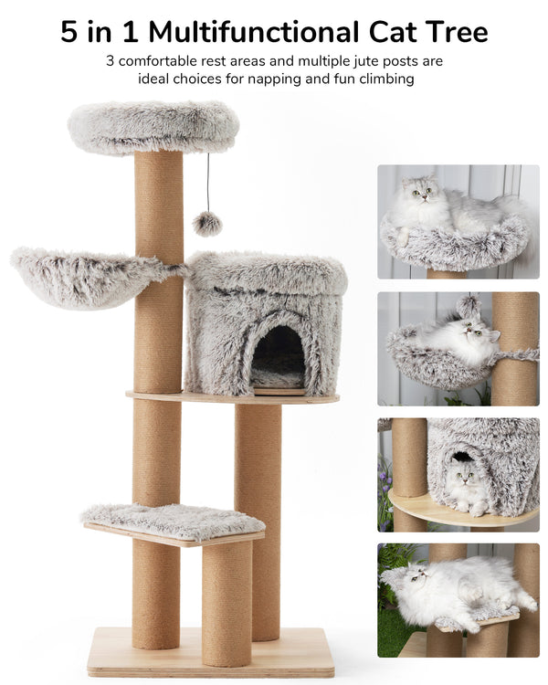 FUKUMARU Cat Tree, 5 in 1 Cat Tower for Indoor Cats, 155cm Tall, 4 Levels, 6 Scratching Posts, Detachable Cushions, Hammock & Perch for Large Cats