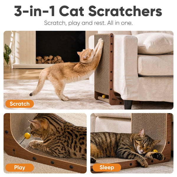 FUKUMARU Cat Scratcher 2 Packs, Cat Scratching Boards for Indoor Cats, L Shaped Cardboard Cats Scratcher Vertical Scartch Pads with Ball Toy, Wood Color, 25 Inch