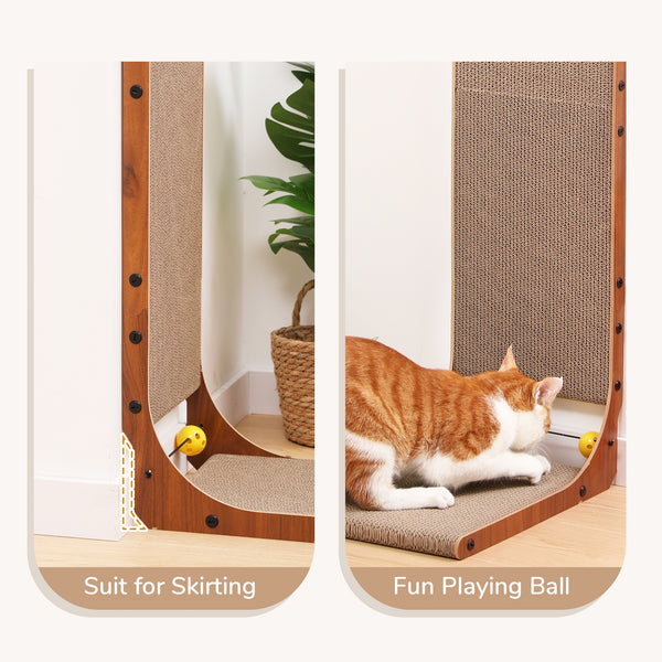FUKUMARU Cat Scratcher, 26.8 Inch Cat Scratch Pad for Indoor Cats, L Shaped Cardboard Vertical Cats Scratching Board with Ball Toy, Walnut Color, 2 Packs