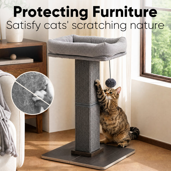 FUKUMARU Cat Scratching Post, Retro-Style Tall Scratch Posts with Perch for Infoor Cats Adults, Large Cat Scratcher Tower with Bed, Natural Sisal & Solid Wood