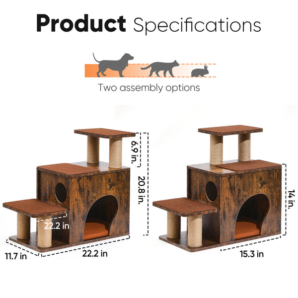 FUKUMARU 3-in-1 Pet Stairs, Retro-style Dog Steps for Cats and Small Dogs, Wooden Cat Stairs for High Bed with Scratching Post, Dog Ramp for Couch with Cat Condo Cave, Easy to Clean & Aesthetic Design
