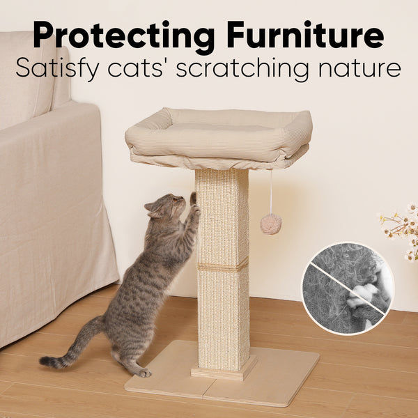 FUKUMARU Cat Scratching Post, Retro-Style Tall Scratch Posts with Perch for Infoor Cats Adults, Large Cat Scratcher Tower with Bed, Natural Sisal & Solid Wood