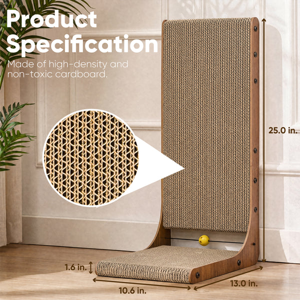 FUKUMARU Cat Scratcher 2 Packs, Cat Scratching Boards for Indoor Cats, L Shaped Cardboard Cats Scratcher Vertical Scartch Pads with Ball Toy, Wood Color, 25 Inch