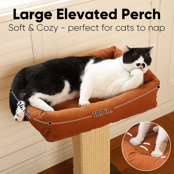 FUKUMARU Cat Scratching Post, Retro-Style Tall Scratch Posts with Perch for Infoor Cats Adults, Large Cat Scratcher Tower with Bed, Natural Sisal & Solid Wood