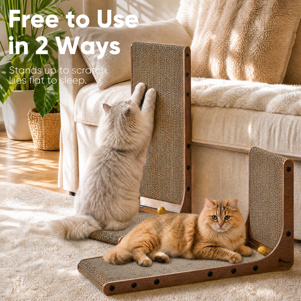 FUKUMARU Cat Scratcher 2 Packs, Cat Scratching Boards for Indoor Cats, L Shaped Cardboard Cats Scratcher Vertical Scartch Pads with Ball Toy, Wood Color, 25 Inch