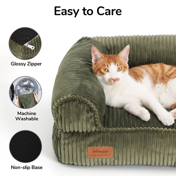 FUKUMARU Dog Couch Bed, Corduroy Cozy Cat Bed for Indoor Cats with Washable Cover, 28in Waterproof Orthopedic Dog Beds Sofa for Small Dogs and Large Cats, Cute Warm Cotton Pet Sofa, Grey