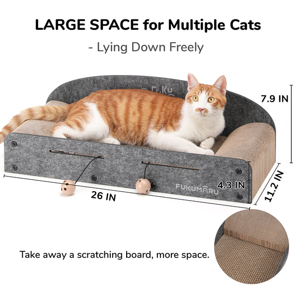 Cardboard Cat Scratcher with 2 Reversible Scratch Pad Refills, Durable Large Cat Scratching Lounger with Ball Toy, Grey