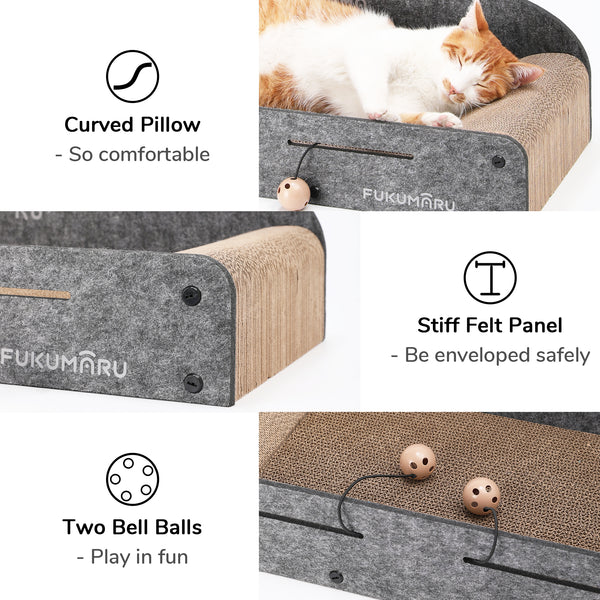 Cardboard Cat Scratcher with 2 Reversible Scratch Pad Refills, Durable Large Cat Scratching Lounger with Ball Toy, Grey
