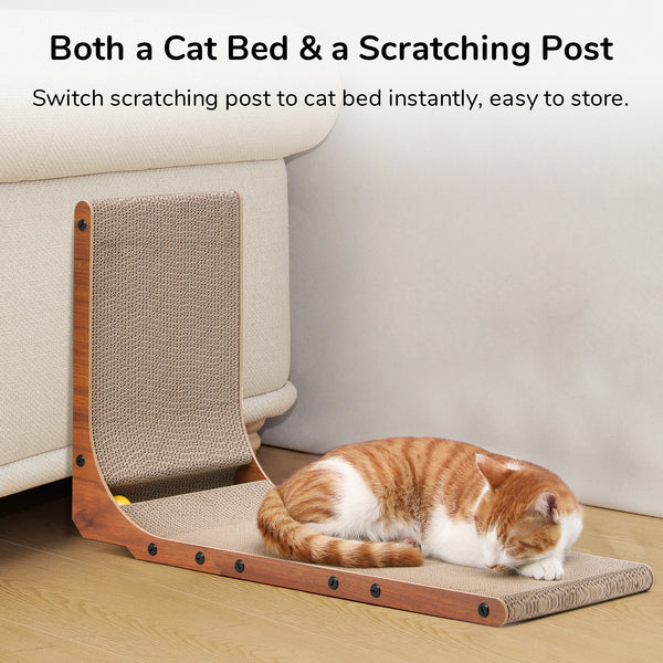 FUKUMARU Cat Scratcher, 26.8 Inch Cat Scratch Pad for Indoor Cats, L Shaped Cardboard Vertical Cats Scratching Board with Ball Toy, Walnut Color, 1 Pack