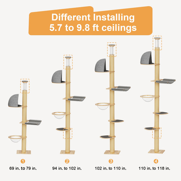 FUKUMARU Floor to Ceiling Cat Tree, 6 Level Adjustable Height (5.7 - 9.8 ft) - FUKUMARU