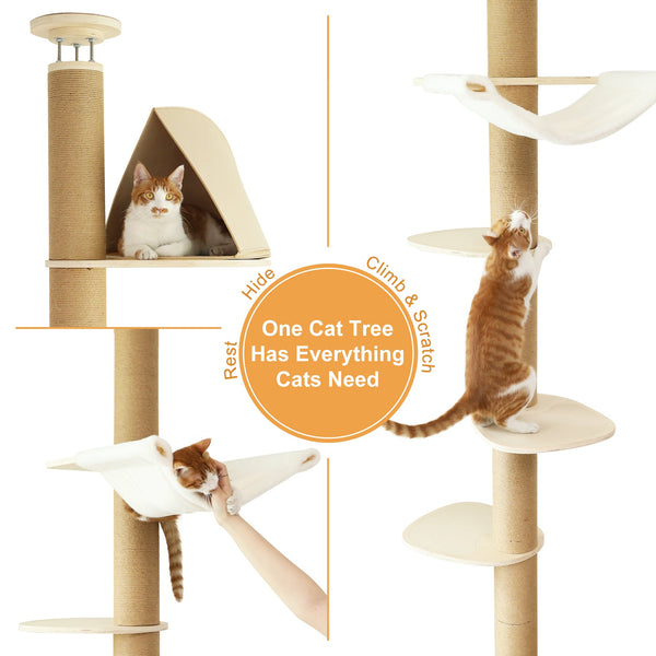 FUKUMARU Floor to Ceiling Cat Tree, 6 Level Adjustable Height (7 - 10 ft) - Beige - FUKUMARU