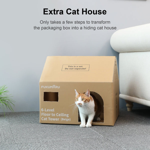 FUKUMARU Floor to Ceiling Cat Tree, 6 Level Adjustable Height (7 - 10 ft) - Beige - FUKUMARU