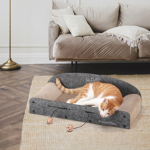 Cardboard Cat Scratcher with 2 Reversible Scratch Pad Refills, Durable Large Cat Scratching Lounger with Ball Toy, Grey