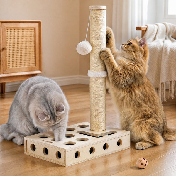 FUKUMARU Cat Scratching Post, Wood Cat Tree Tower with Interactive Box | 3 in 1 Cat Scratcher Toy with Enrichment Box, Natural Sisal Cat Scratching for Indoor Cats Nail File, Forage and Play