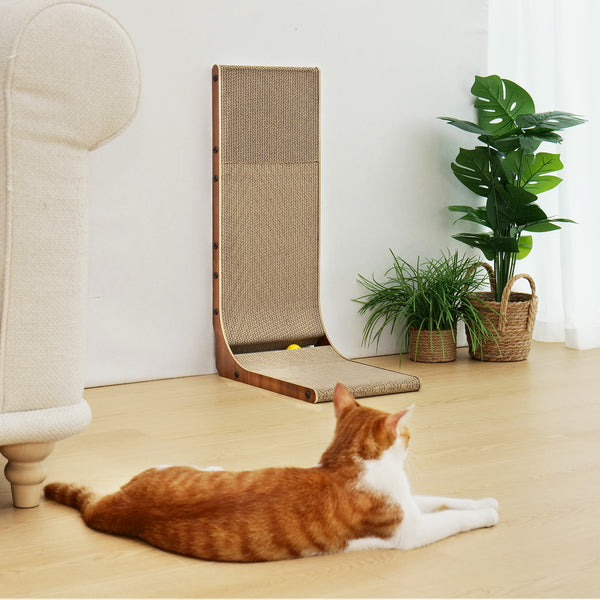FUKUMARU Cat Scratcher, 26.8 Inch Cat Scratch Pad for Indoor Cats, L Shaped Cardboard Vertical Cats Scratching Board with Ball Toy, Walnut Color, 1 Pack