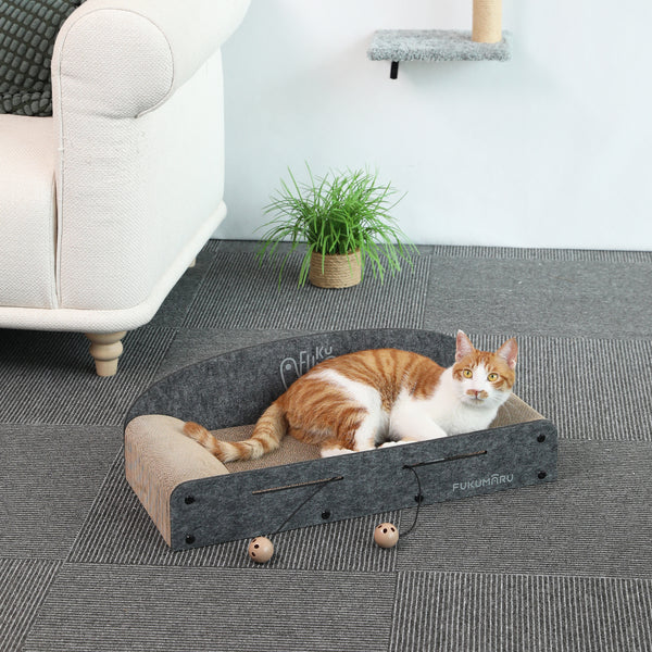 Cardboard Cat Scratcher with 2 Reversible Scratch Pad Refills, Durable Large Cat Scratching Lounger with Ball Toy, Grey