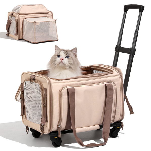FUKUMARU Cat Carrier with Wheels, 18x11x11 Expandable Soft Cat Travel Carrier, Airline Approved Dog Carrier, Sturdy Rolling Cat Carrier with Anti-Scratch Mesh, Escape-Proof Pet Carrier for Cat