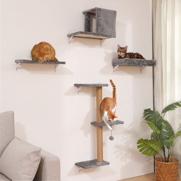 FUKUMARU Cat Wall Shelves, Stable & Safe 4 in 1 Cat Wall Mounted Furniture Set, Wooden Climbing Tree with Scratching Post for 16 Inch Drywall - Gray