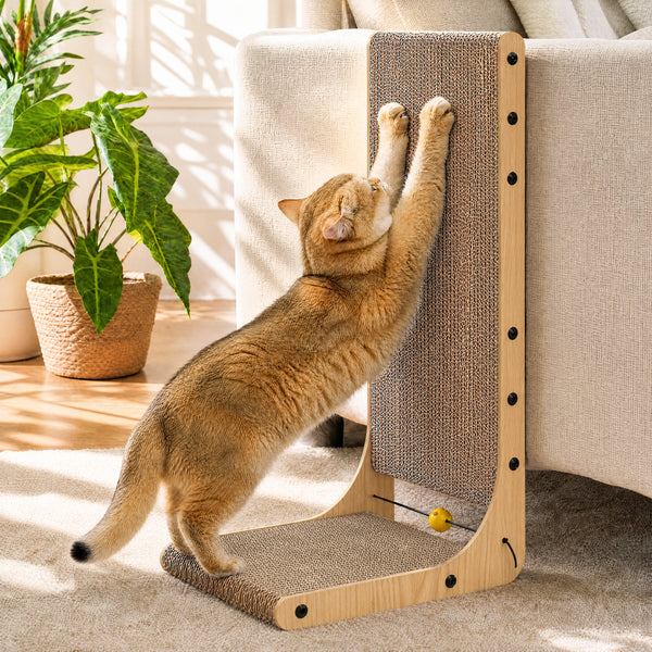 FUKUMARU Cat Scratcher 2 Packs, Cat Scratching Boards for Indoor Cats, L Shaped Cardboard Cats Scratcher Vertical Scartch Pads with Ball Toy, Wood Color, 25 Inch