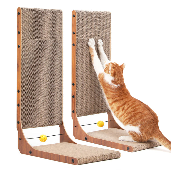 FUKUMARU Cat Scratcher, 26.8 Inch Cat Scratch Pad for Indoor Cats, L Shaped Cardboard Vertical Cats Scratching Board with Ball Toy, Walnut Color, 2 Packs