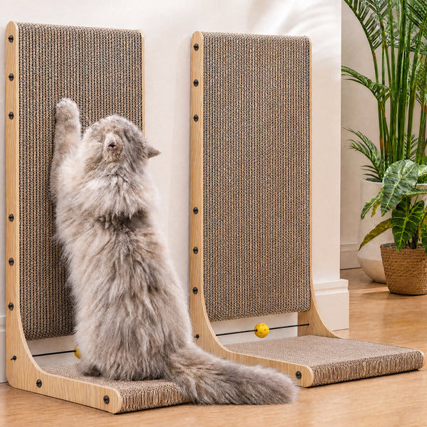 FUKUMARU Cat Scratcher 2 Packs, Cat Scratching Boards for Indoor Cats, L Shaped Cardboard Cats Scratcher Vertical Scartch Pads with Ball Toy, Wood Color, 25 Inch