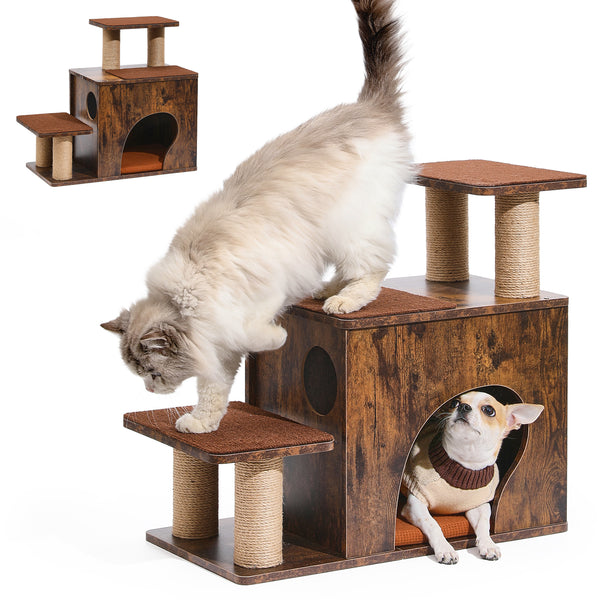 FUKUMARU 3-in-1 Pet Stairs, Retro-style Dog Steps for Cats and Small Dogs, Wooden Cat Stairs for High Bed with Scratching Post, Dog Ramp for Couch with Cat Condo Cave, Easy to Clean & Aesthetic Design