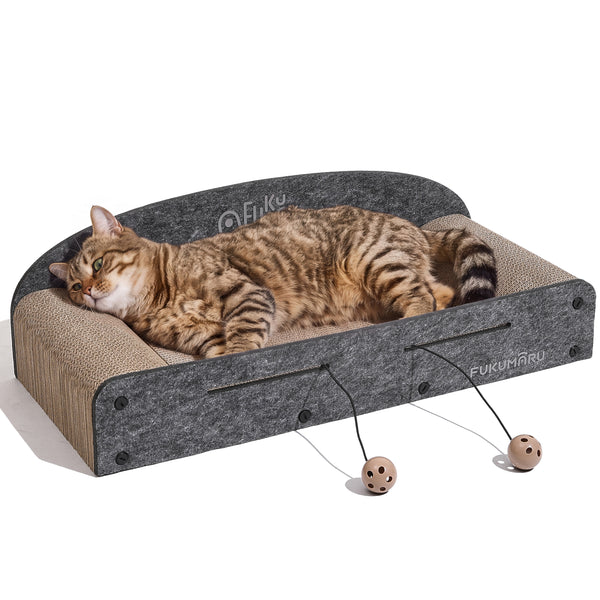 Cardboard Cat Scratcher with 2 Reversible Scratch Pad Refills, Durable Large Cat Scratching Lounger with Ball Toy, Grey