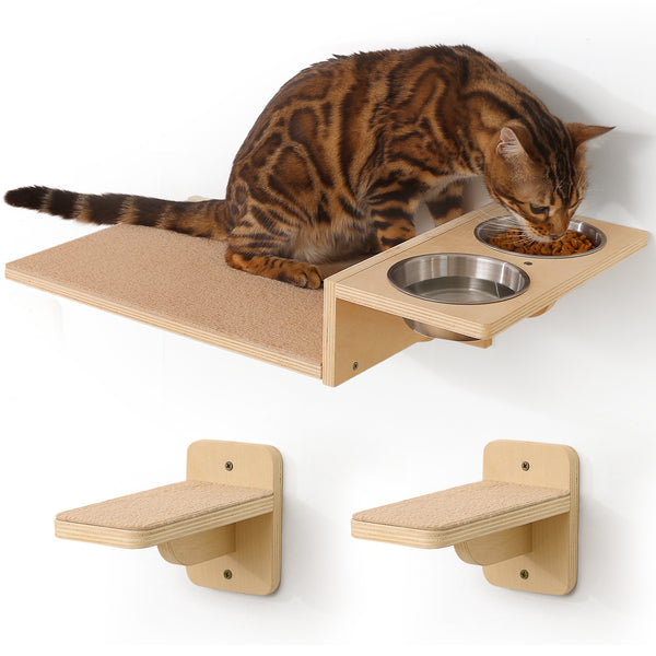 FUKUMARU Cat Wall Shelves, 3 in 1 Cats Walls Furniture Set, Food Station with 2 Steps, Birch Plywood Perch, Suitable for Kitten Play, Nap, Eat, DIY Wall Jungle Gym