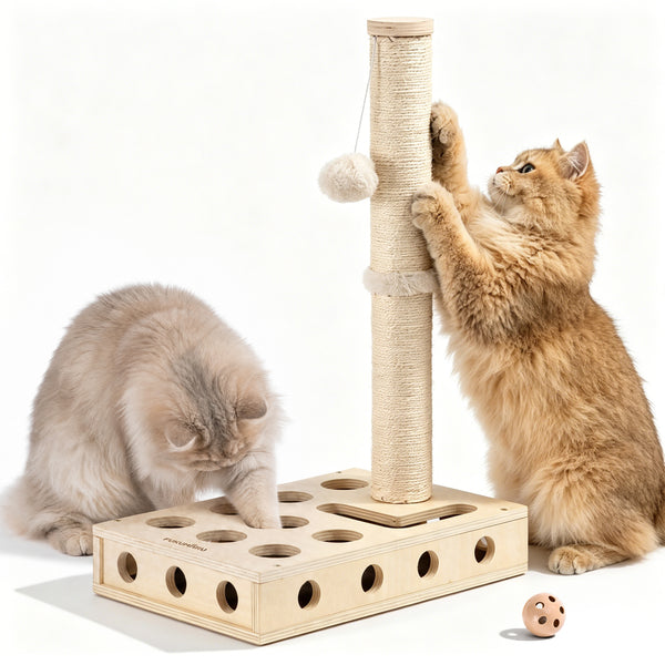 FUKUMARU Cat Scratching Post, Wood Cat Tree Tower with Interactive Box | 3 in 1 Cat Scratcher Toy with Enrichment Box, Natural Sisal Cat Scratching for Indoor Cats Nail File, Forage and Play
