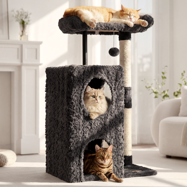 FUKUMARU Cat Tree, 36.2in Luxury Plush Cat Tower with Two Caves, Multi-Level Cat Condo with Sisal Scratching Post, Adult Cat Tree Towers for Indoor Cats with Top Perch, Medium Heavy Duty Kitten House