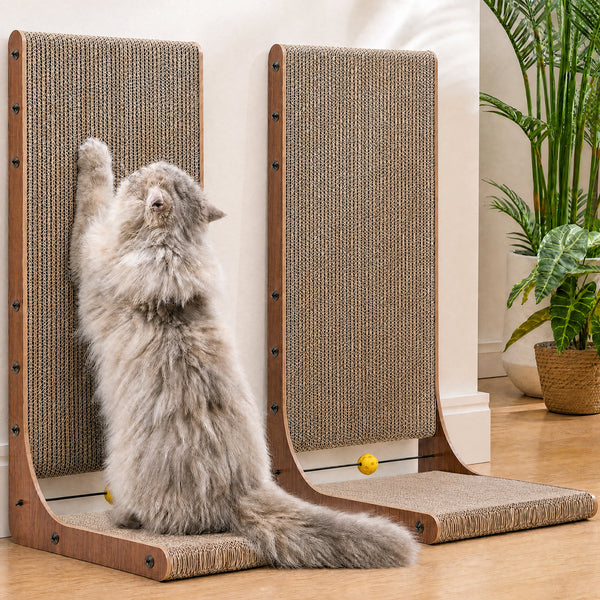 FUKUMARU Cat Scratcher 2 Packs, Cat Scratching Boards for Indoor Cats, L Shaped Cardboard Cats Scratcher Vertical Scartch Pads with Ball Toy, Wood Color, 25 Inch