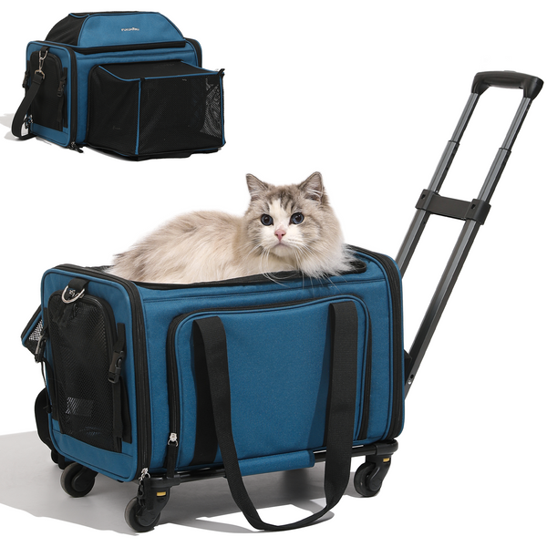FUKUMARU Cat Carrier with Wheels, 18x11x11 Expandable Soft Cat Travel Carrier, Airline Approved Dog Carrier, Sturdy Rolling Cat Carrier with Anti-Scratch Mesh, Escape-Proof Pet Carrier for Cat